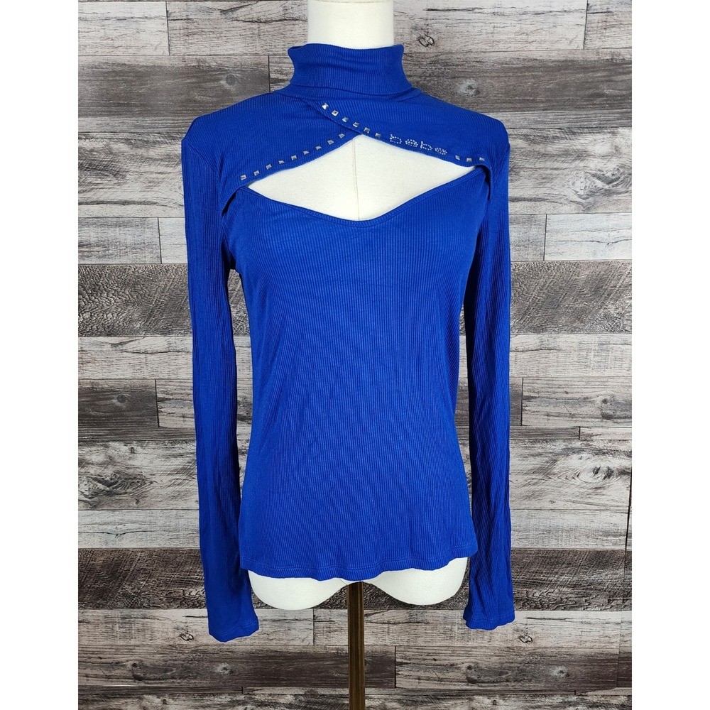 Bebe Womens Royal Blue Ribbed Cutout Turtleneck Studded Logo Top Size M